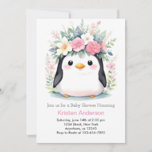 Zalige roze bloemige pinguïn meisje Baby shower Kaart