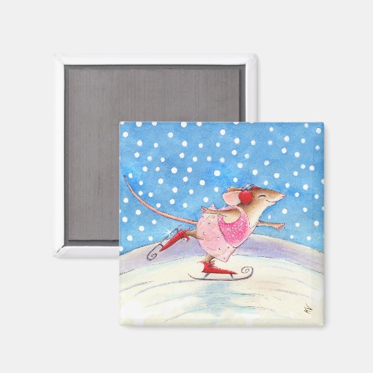Zalige schaatsmuis magneet (Voorkant / Achterkant)