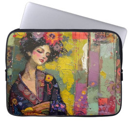 Zalige vrouw in Kimono Laptop Sleeve