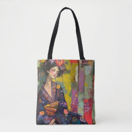 Zalige vrouw in Kimono Tote Bag
