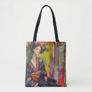 Zalige vrouw in Kimono Tote Bag