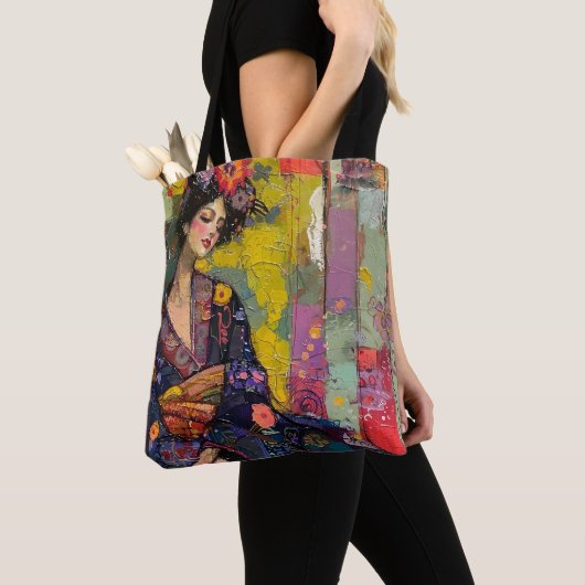 Zalige vrouw in Kimono Tote Bag (Dichtbij)