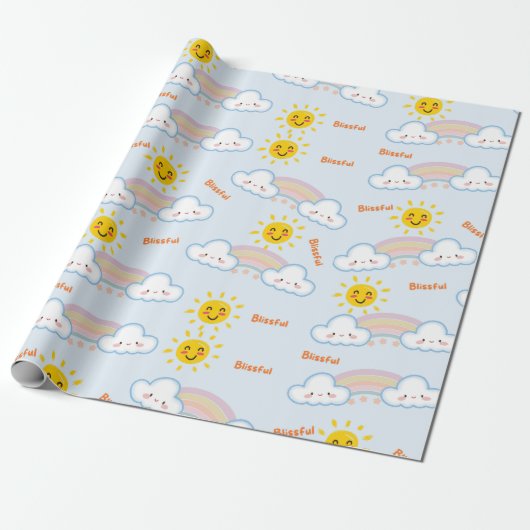 Zalige zonneschijn & regenboog Happy Clouds, zon Cadeaupapier (Uitgerold)