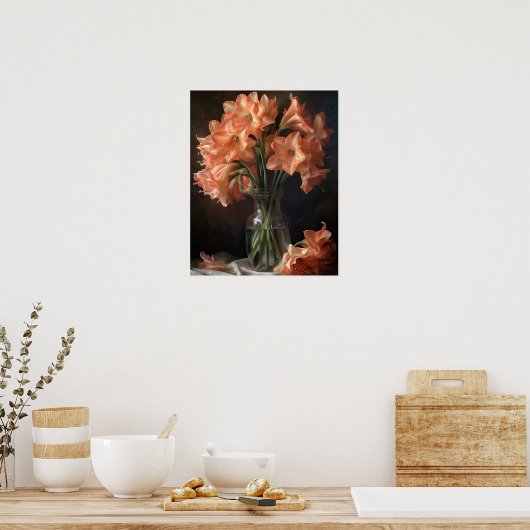 Zalm Amaryllis Flowers Art Print Poster (Keuken)