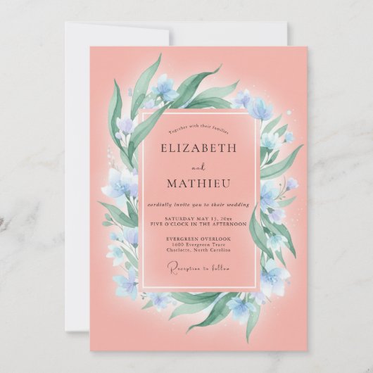 Zalm Azuur Loof Eucalyptus Bruiloft Kaart (Voorkant)