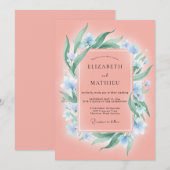 Zalm Azuur Loof Eucalyptus Bruiloft Kaart (Voorkant / Achterkant)