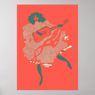 zalm Blauwgroen Guitar Woman Musician Bold Poster
