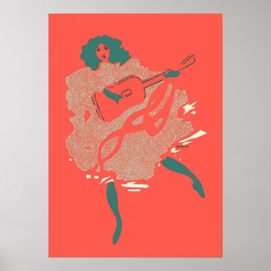  zalm Blauwgroen Guitar Woman Musician Bold Poster (Voorkant)