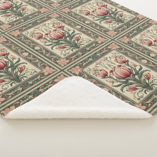 Zalm bloeit en smaragdgroen ornament sherpa deken (3/4)