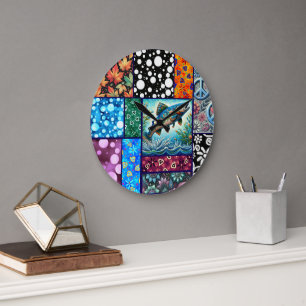 Zalm Crazy Quilt Bloemrijke Whimsical Kleurrijk Grote Klok