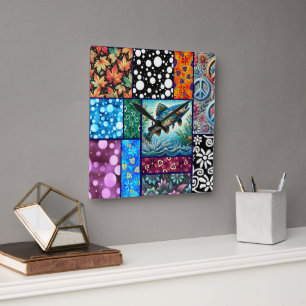 Zalm Crazy Quilt Bloemrijke Whimsical Kleurrijk Vierkante Klok
