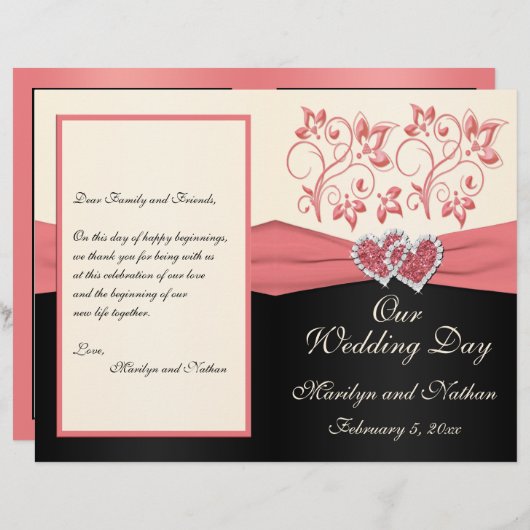 Zalm-, Cream- en Black Floral Wedding Programme (Voorkant / Achterkant)