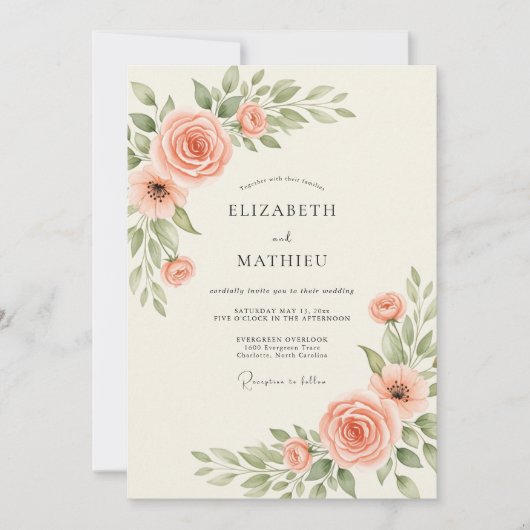 Zalm Elegante Botanische Bruiloft Kaart (Voorkant)