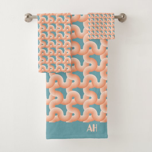 Zalm en Blauwgroen Knot Monogram Bad Handdoek (Insitu)