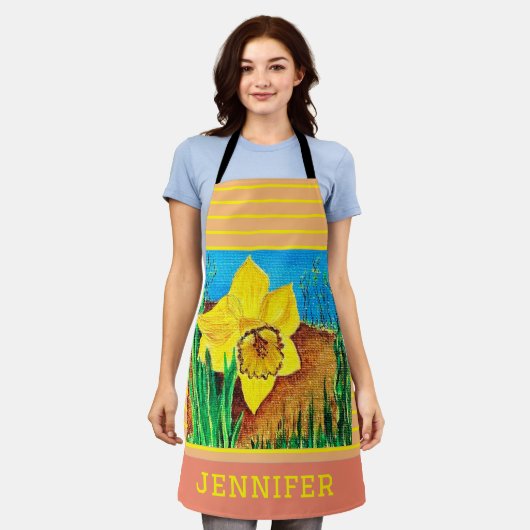 Zalm en gele streep Bloemen Schort (Gedragen)