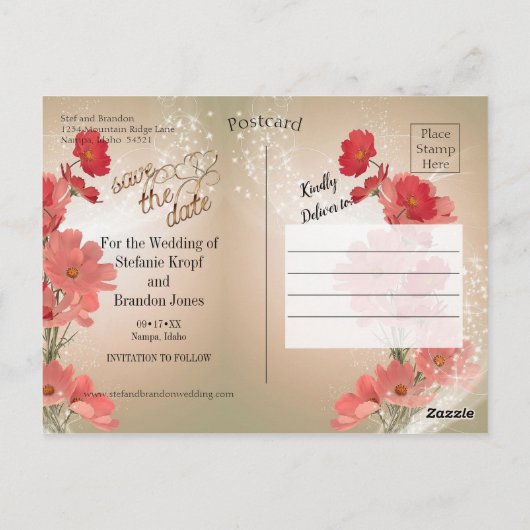 Zalm en rode bloemen/goudsiermeel briefkaart (Achterkant)