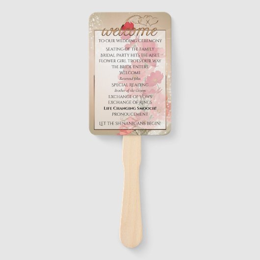 Zalm en rode bloemen/goudsiermeel handwaaier (Voorkant)