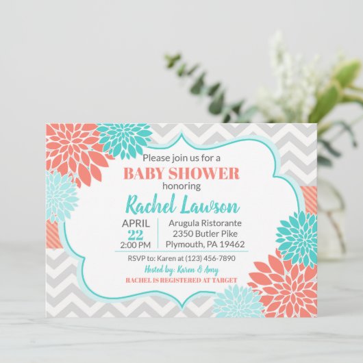 Zalm en Turquoise Blooms Floral Baby shower Kaart (Staand voorkant)
