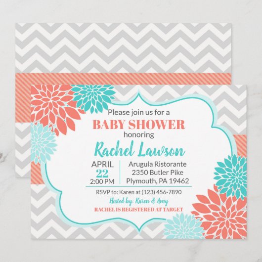 Zalm en Turquoise Blooms Floral Baby shower Kaart (Voorkant / Achterkant)