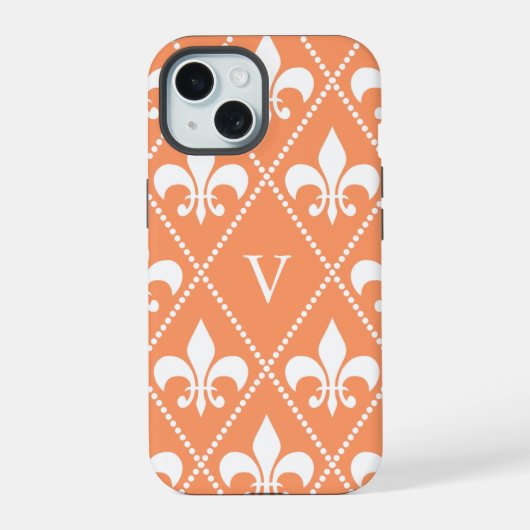 Zalm Fleur de Lis met monogram iPhone 15 Hoesje (Achterkant)
