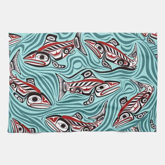 Zalm Haida Art Spirit Pacific Northwest Native Theedoek (Horizontaal)