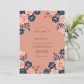Zalm Indigo Bloemblad Bruiloft Kaart (Staand voorkant)
