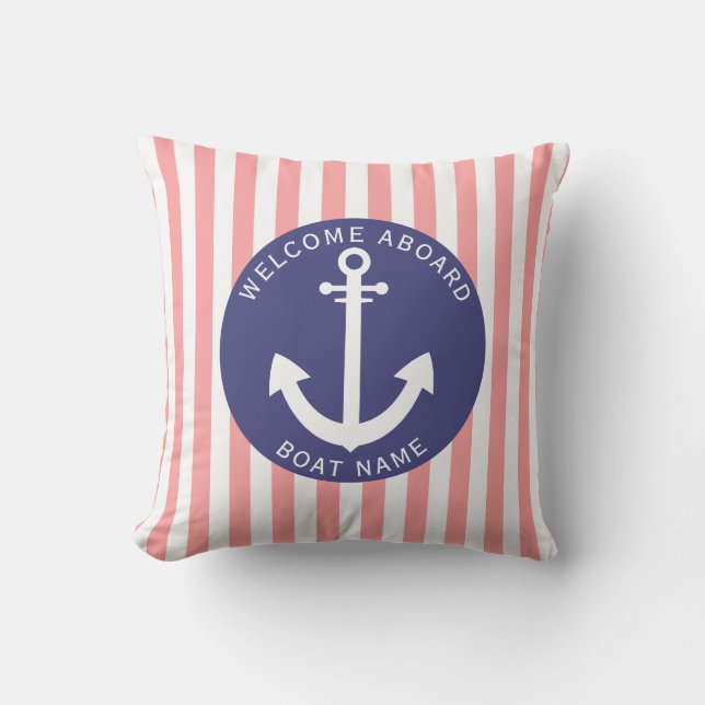 Zalm Navy Blauwe Streep Bootnaam Anker Kust Buitenkussen (Voorkant)