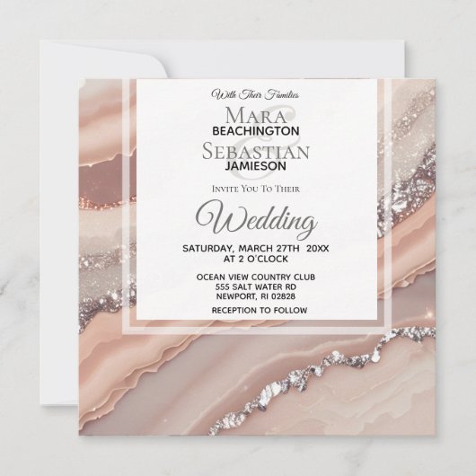 *~* Zalm QR Perzik ZILVER AGAAT RSVP AR66 Bruiloft Kaart (Voorkant)