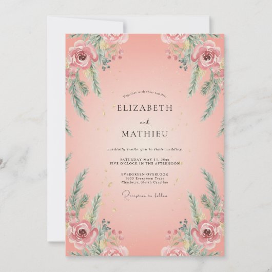 Zalm Ranunculus Loofwerk Eucalyptus Bruiloft Kaart (Voorkant)