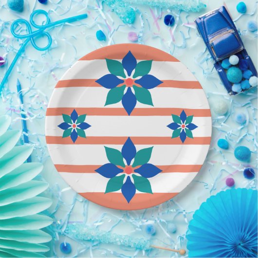 Zalm Rode en witte strepen en blauwe bloemen Papieren Bordje (Feest)