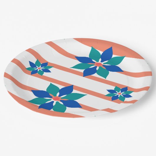 Zalm Rode en witte strepen en blauwe bloemen Papieren Bordje (Gekanteld)