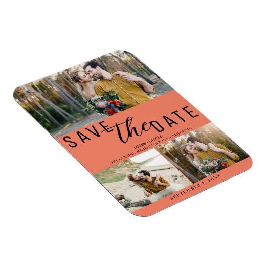 Zalm Roze Bewaar de datum Bruiloft 3 Foto's Magneet (Rechterzijde)