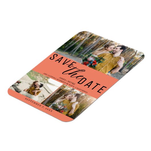 Zalm Roze Bewaar de datum Bruiloft 3 Foto's Magneet (Linkerzijde)