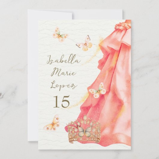 Zalm Roze Jurk Vlinders Elegant Quinceañera Kaart (Voorkant)