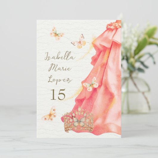 Zalm Roze Jurk Vlinders Elegant Quinceañera Kaart (Staand voorkant)