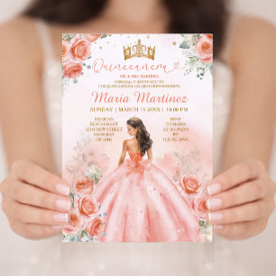 Zalm Roze Perzik Prinses Bloem Gouden Quinceañera Kaart