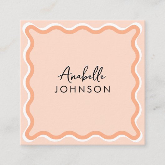 Zalm Roze Retro Wavy Lijst Modern Script Naam Vierkante Visitekaartje (Voorkant)