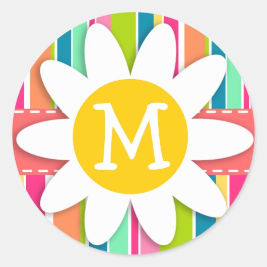 Zalm Roze & Seafoam Groen Gestreept; Daisy Ronde Sticker (Voorkant)