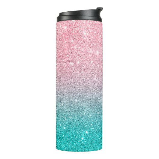 Zalm roze & turquoise glitter ombre thermosbeker (Gedraaid links)