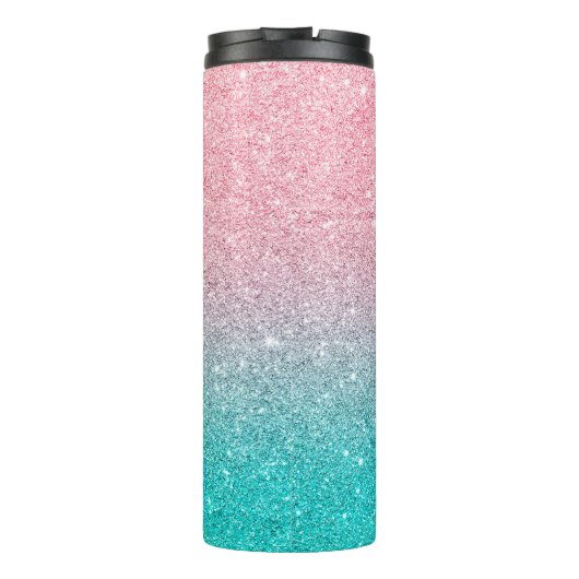 Zalm roze & turquoise glitter ombre thermosbeker (Achterkant)