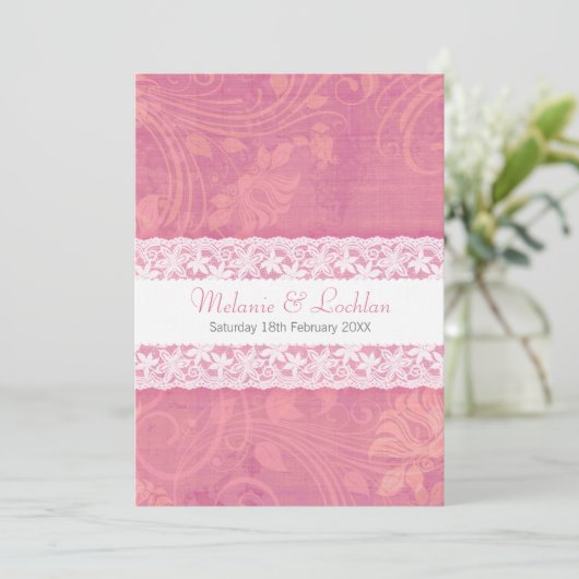 Zalm roze wit kant formele bruiloft uitnodiging (Staand voorkant)