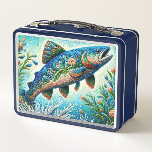 Zalm Springen Mozaïek Bloemen Blauw Groen Perzik (Achterkant)