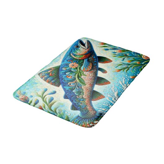 Zalm Springen Mozaïek Bloemen Blauw Groen Perzik Badmat (Gekanteld)