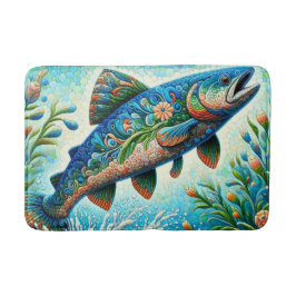 Zalm Springen Mozaïek Bloemen Blauw Groen Perzik Badmat