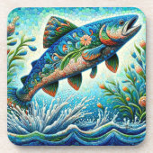 Zalm Springen Mozaïek Bloemen Blauw Groen Perzik Bier Onderzetter (Voorkant)