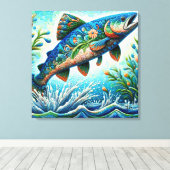 Zalm Springen Mozaïek Bloemen Blauw Groen Perzik Canvas Afdruk (Insitu (Houten vloer))