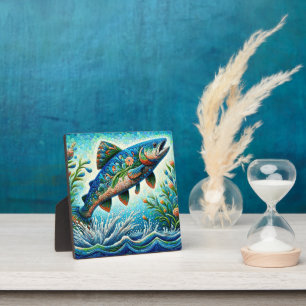 Zalm Springen Mozaïek Bloemen Blauw Groen Perzik Fotoplaat