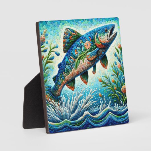 Zalm Springen Mozaïek Bloemen Blauw Groen Perzik Fotoplaat (Voorkant)