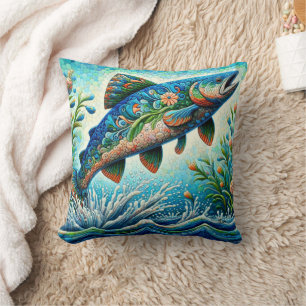 Zalm Springen Mozaïek Bloemen Blauw Groen Perzik Kussen
