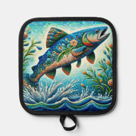 Zalm Springen Mozaïek Bloemen Blauw Groen Perzik Pannenlap